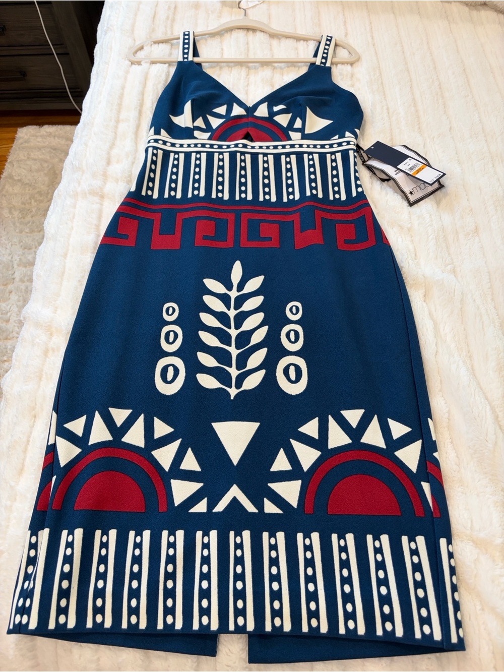 Blue Geo-Print Fit & Flare Dress with White and Red Accents